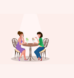 Two Women Friends Sitting Cafe And Eating Ice