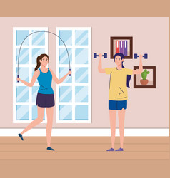 Exercise At Home Women Lifting Weights And