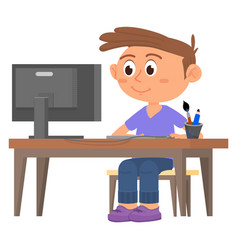 Kid Sitting At Computer Desk Smiling Boy