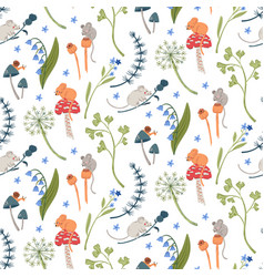 Forest Seamless Pattern With Field Mice Mushroom