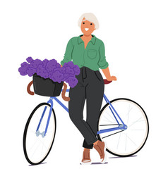 Cheerful Mature Woman Standing With A Bicycle