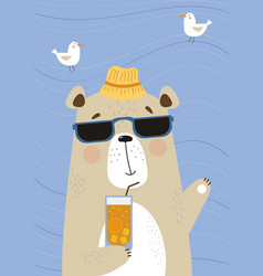 Cute Bear In Sunglasses With Cocktail On Sea