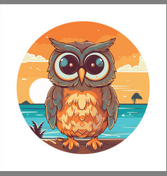 Owl Cute Funny Cartoon Kawaii Watercolor Beach