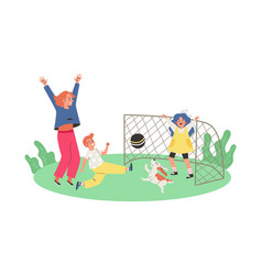 Mother With Children Play Soccer Together Flat