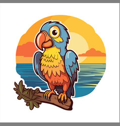 Parrot Cute Funny Cartoon Kawaii Watercolor Beach