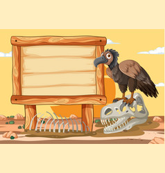 Vulture Perched On Skull Near Blank Wooden Sign