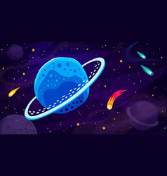 Blue Space Planet With Rings In Galaxy Landscape