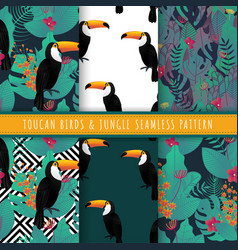 Toucan Birds And Tropical Leaf Pattern Seamless