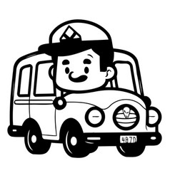 Cute Cartoon Taxi Driver With Yellow Car In