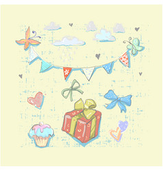 Happy Birthday Set Cute Elements With Gift Box