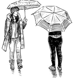 Sketch Teens Girls Meeting In Rain