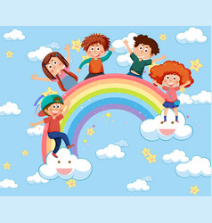 Happy Kids In In The Sky With Rainbow