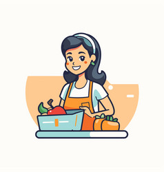 Young Woman In Apron With Fruits And Vegetables