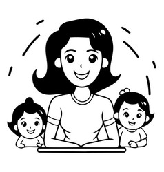 Mother With Her Children Happy Family In Cartoon