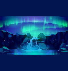 Aurora Borealis In Night Sky And Waterfall