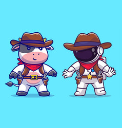 Cute Astronaut And Cow Cowboy Cartoon Icon