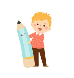 Cartoon Little Student Boy With Big Pencil