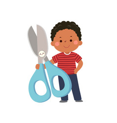 Cartoon Little Student Boy With Big Scissors