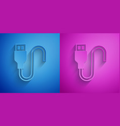 Paper Cut Usb Cable Cord Icon Isolated On Blue