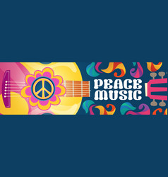 Hippie Music Cartoon Banner With Acoustic Guitar