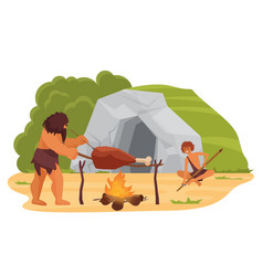 Primitive Neanderthal People Cooking Food Near