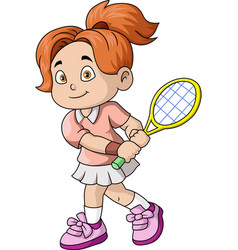 Cute Little Girl Cartoon Playing Tennis