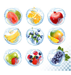 Big Collection Icons Fruit In A Water Splash