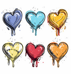 Six Colorful Dripping Hearts Handdrawn Various