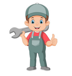 Cartoon Mechanic Holding A Huge Wrench