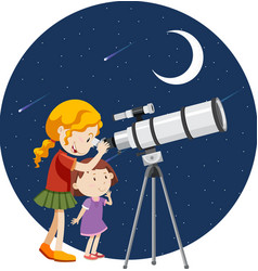 A Girl Looking Through Telescope At Night