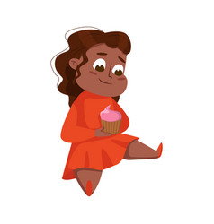 Overweight Chubby Girl Eating Cupcake Cheerful