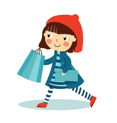 A Happy Cartoon Girl Walks Holding Shopping Bags