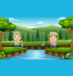 Two Kids Fishing Fish Cartoon