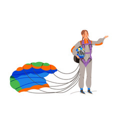 Smiling Woman Sky Diver Landing With Parachute