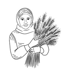 Farmer Girl Holding Wheat Hand Drawn