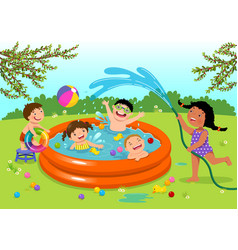 Joyful Kids Playing In Inflatable Pool