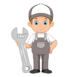 A Young Mechanic Holding Huge Wrench Cartoon