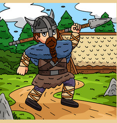 Viking Carrying Spear Colored Cartoon