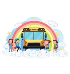 School Bus Children With Rainbow