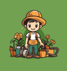 Cute Little Gardener Boy With Gardening Tools