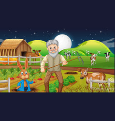 Farm At Night Scene With Old Farmer Man And