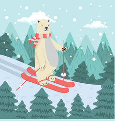 Cute Polar Bear Skiing With Tree