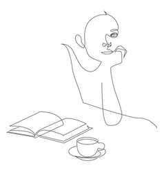 One Line Drawing Of Woman With Book And Coffee Cup