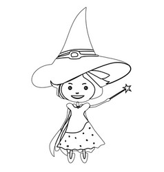 Black Outline Sorceress In Dress And Witches Hat