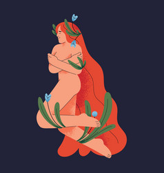 Red Hair Naked Woman Wrapped With Plants Hugs