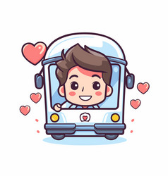 Cute Boy In A Bus On White Background