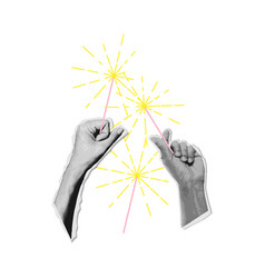 90s Vintage New Year Hands Holding Sparkler Torn