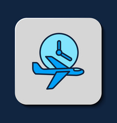 Filled Outline Flight Time Icon Isolated On Blue