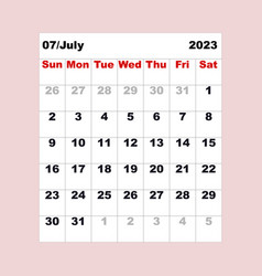 July 2023 Calendar For One Month In The Form Of A