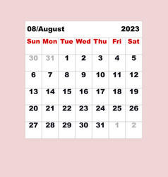 August 2023 Calendar For One Month In The Form Of